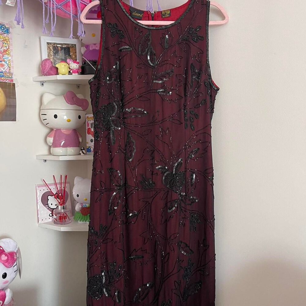 VINTAGE LANDMARK BURGUNDY 100% SILK BEADED MAXI DRESS